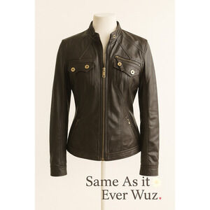 Freda M Brown Faux Leather Moto Jacket Gold Zip Pockets Vegan PVC Lined